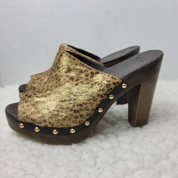 UGG Australia Skyler Women"s Sz 8 Metallic Leopard Gold Studs Calf Hair Clogs - Picture 3 of 8